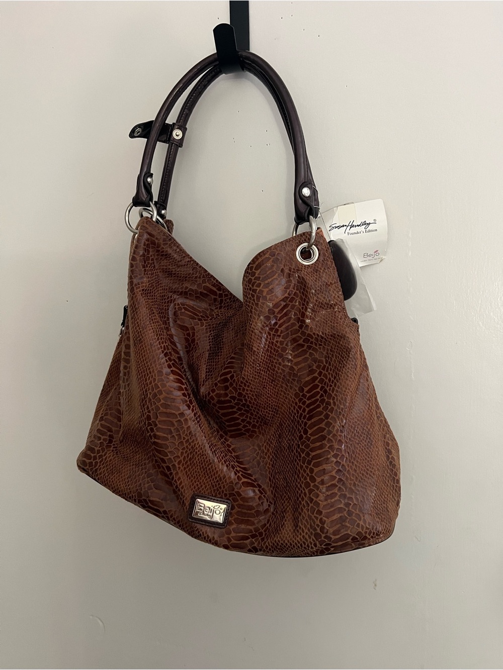 Beijo Brown Snake-Embossed Shoulder Hobo Bag